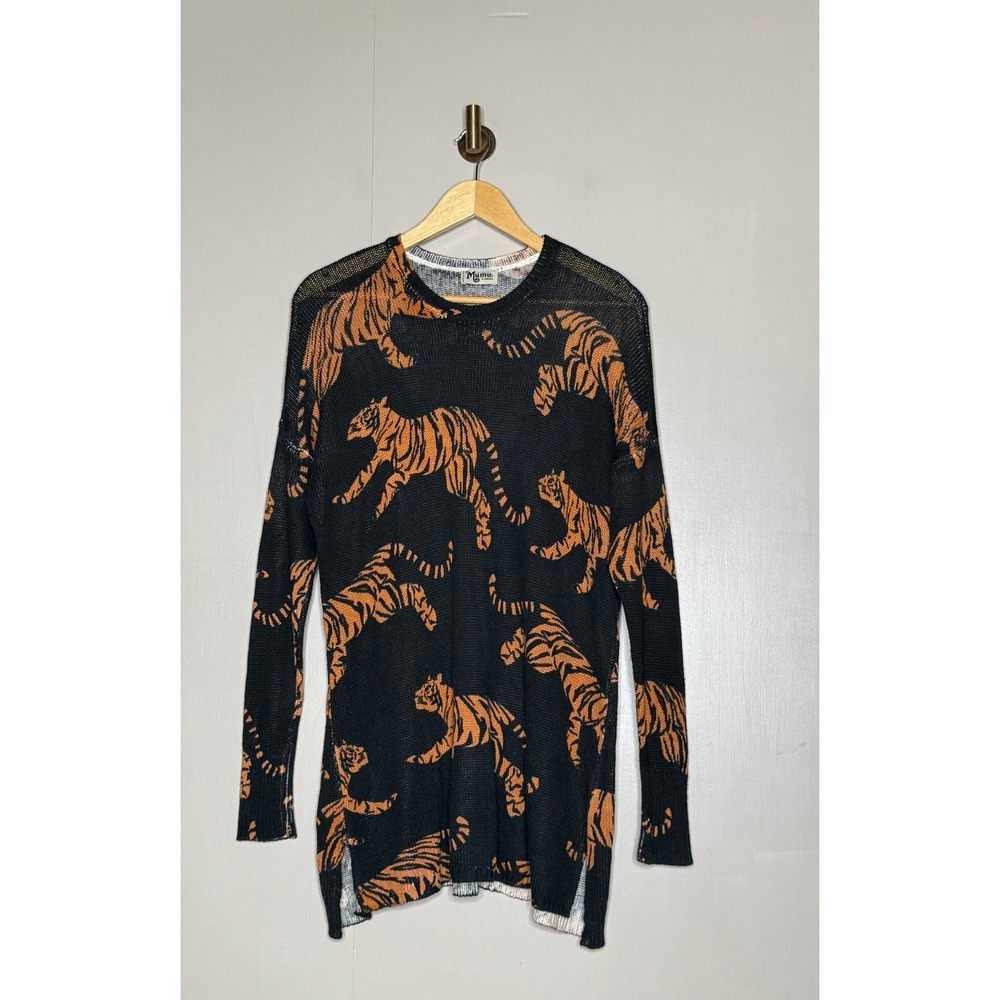 Tiger Print Open Knit Sweater Black Orange Oversized Tunic XS Y2K Statement